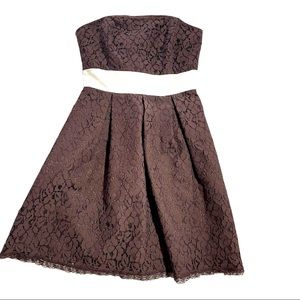 Beautiful, lace, strapless, short, formal, pleated dress, with satin sash